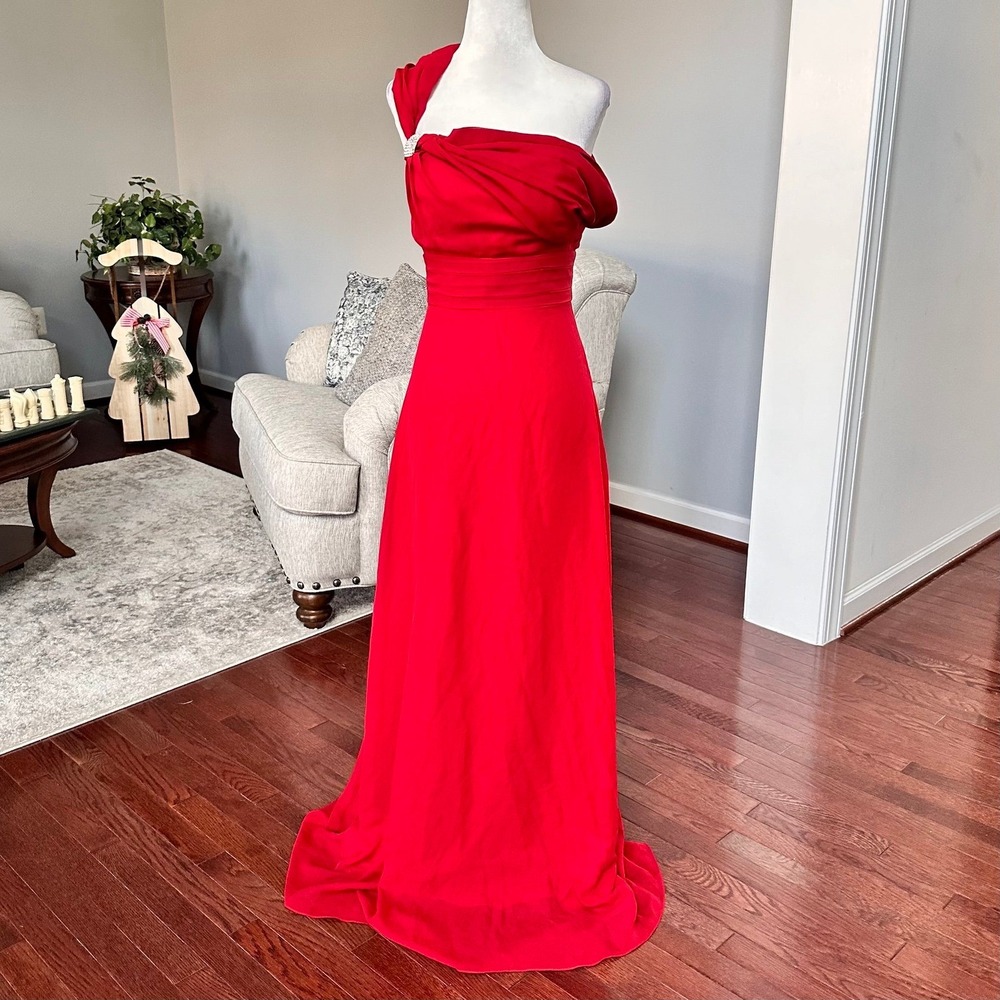 Luxury Milano Red Silver Elegant One Shoulder Maxi Formal Dress XS